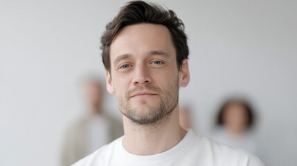 Fototapeta premium minimalistic portrait of confident individual with blurred group of people in background to highlight subject emphasizing