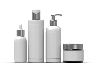 Blank templates of empty and clean white plastic containers and bottles with spray, dispenser and dropper, cream jar, tube. 3D illustration.