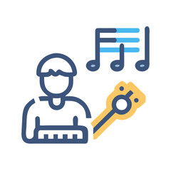 Musical performance with keyboard, guitar, and sheet music