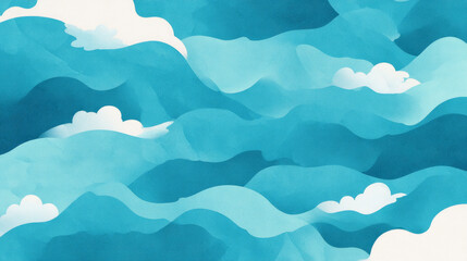 Fototapeta premium Abstract illustration of stylized ocean waves with clouds in a serene blue and white layered pattern