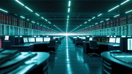 High-Tech Financial Data Center with Monitors, Computers, and Long Hallways