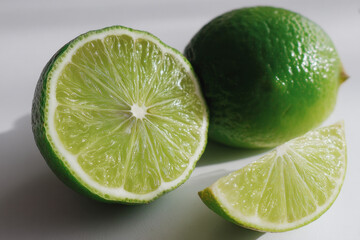 Vibrant Lime: Close-up shot capturing the texture, color, and details of a fresh green lime, sliced open to reveal its juicy segments and another whole lime and slice on the surface.
