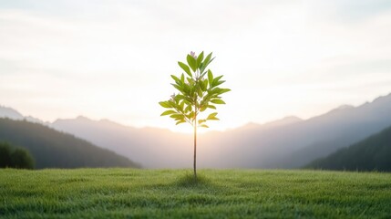 A single young tree growing in a vast green meadow, with majestic mountains and soft sunlight in the background, and nature and tranquility concept.