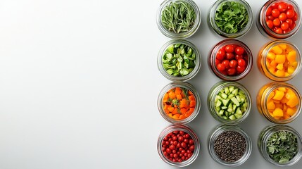 Fototapeta premium Colorful jars of fresh chopped vegetables and herbs ready for cooking red top food diet view life