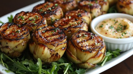 Grilled potatoes with herbs and a dipping sauce on a white plate.