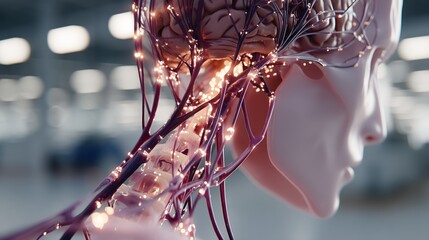 Humanoid with glowing nerves; spine and brain exposed