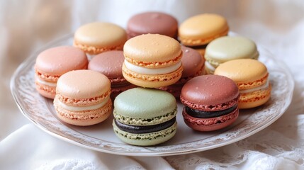 Obraz premium Colorful macarons arranged on delicate plate with soft background