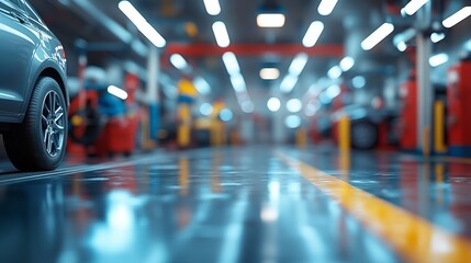 Modern car repair shop interior with shiny floor and blurred background of service bays auto blue