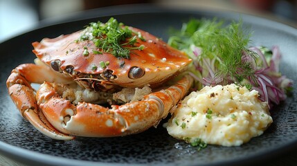 Crab dish with garnish and side on a black plate close up.