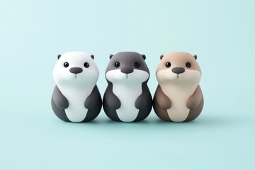 Cute cartoon otters in pastel colors, three dimensional, sitting in a row