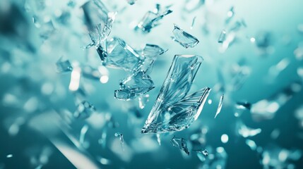 Shattered glass fragments falling in slow motion against a teal background.