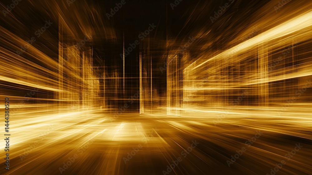 Poster dark yellow tunnel surrounded by abstract art and fractal patterns with a soft ambient glow creating