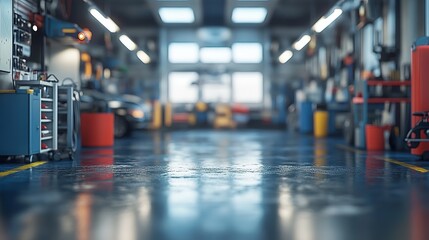 Obraz premium Clean modern auto repair shop garage interior floor cars blue grey tools shiny steel metal space