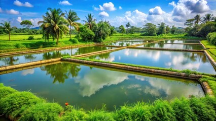 Obraz premium Beautiful farm shrimp pond with clean water and lush greenery, shrimp farm, pond, shrimp farm