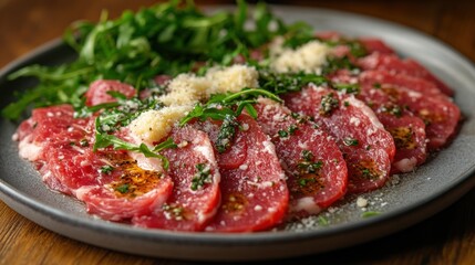 Sliced raw meat dish with herbs and garlic on a gray plate.