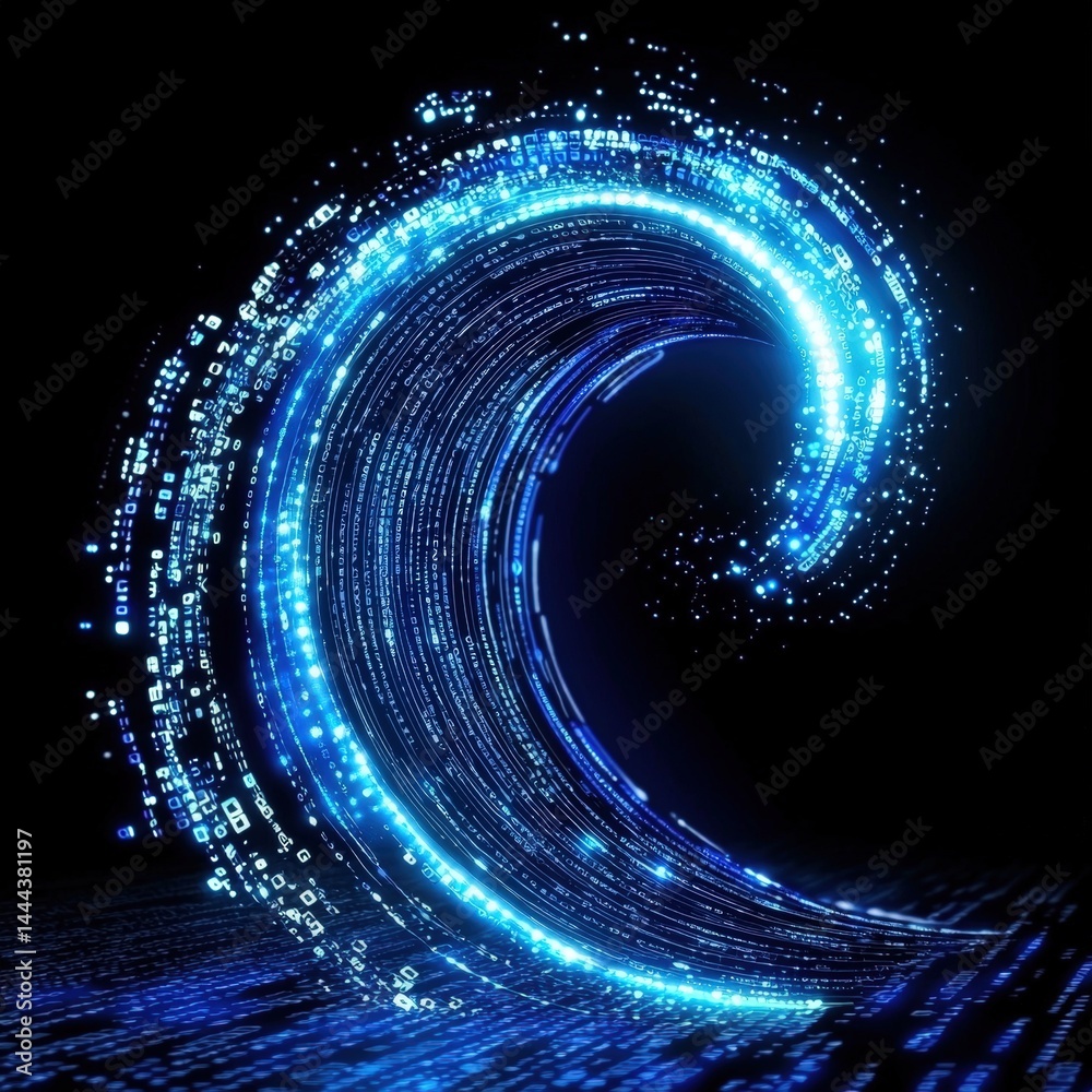 Poster intricate spiral shape formed by binary code representing the fusion of technology and artistry
