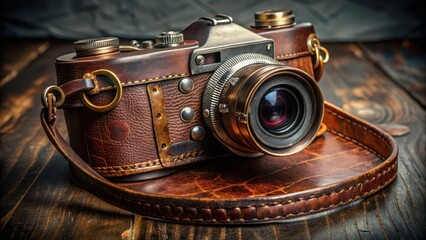 Aged leather strap wrapped around a worn vintage camera body with brass fixtures and intricate engravings on the lens, leather strap, classic film camera