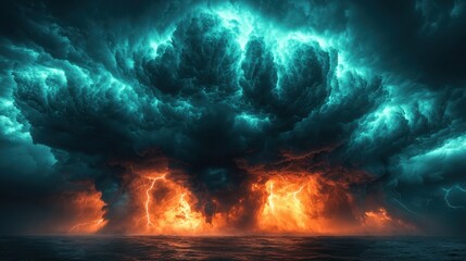 An approaching storm over a tranquil body of water creating a dramatic sky above the calm ocean waves