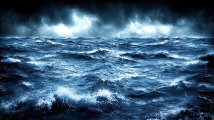 Dramatic stormy ocean waves crashing against the rocky shoreline in a powerful and intense sea scene