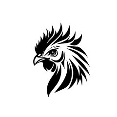 Side-facing rooster icon with detailed crest and feather plume in elegant black and white design