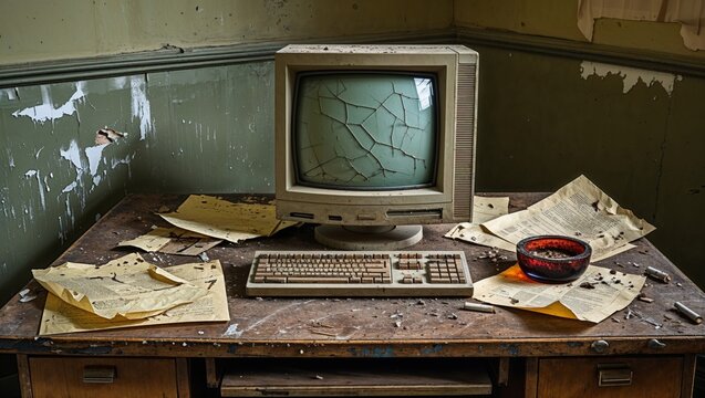 An old computer and desk showing signs of decay and obsolete technology