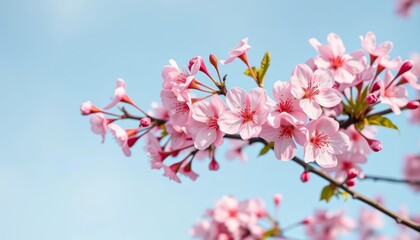 Obraz premium Close-up of delicate pink cherry blossoms against a soft blue spring sky, cherry blossom, sky
