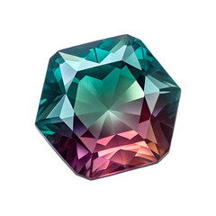 Centered front view of a brilliant-cut alexandrite, displaying its color-changing properties and sharp facets