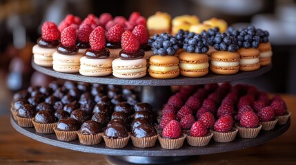 Two tiered tray filled with small desserts topped with berries and chocolate.