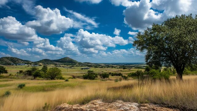 Scenic landscape with dry grass, distant mountains, fluffy clouds in a blue sky, and a large green tree on a rolling hills vista