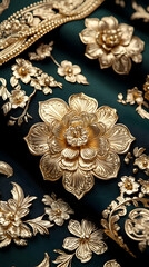Gold floral arrangement on dark teal fabric featuring intricate petal designs and delicate ornamental flourishes