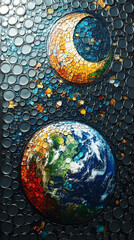 Mosaic art of Earth and the moon with a background full of abstract circles in shades of gray and blue