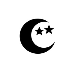 Solid black crescent moon and two-star icon symbolizing nighttime, dreams, or celestial events.