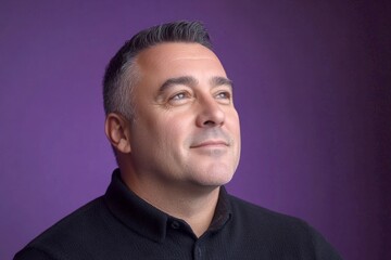 Fototapeta premium Trendy men's crew cut haircut - midlife white man with black hair. Purple solid background. A joyful male captured in a professional portrait. Concept art of style for aging men.