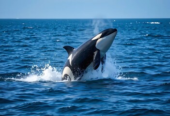 Obraz premium Orca Whale Jumping Out of the Blue Ocean Waters