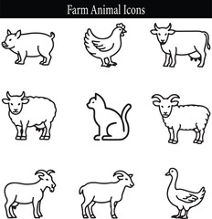 Farm Animal Icons in Line Art Style