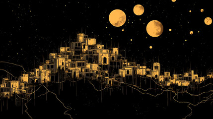 Fototapeta premium Stylized golden city outline under a starry night sky with multiple yellow orbs floating above