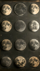 Obraz premium Twelve moon phases from full bright to dark Rough textures in a panel set against a shadowy background