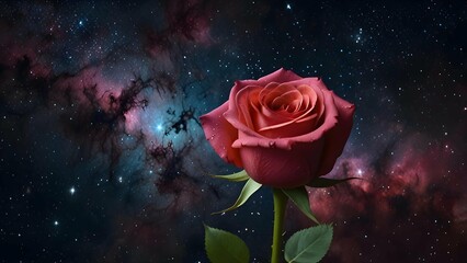 Time-lapse style image of a single rose blooming in space, surrounded by stars and glowing nebulae, hyper-realistic detail, vibrant cosmic colors.