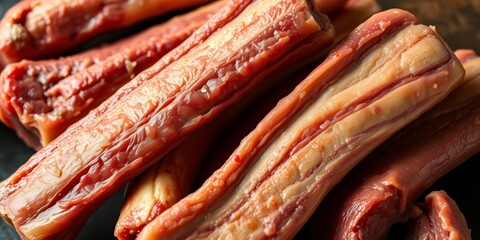 Close-up of raw beef marrow bones, rich textures, rustic setting, ready for cooking, natural,  restaurant