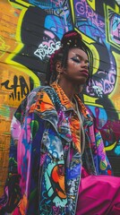 Fototapeta premium Woman with Creative Makeup and Fashionable Graffiti-Decorated Denim Jacket