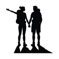 Couple Outdoors Vector Silhouette, Group of Hiking man Silhouettes. hiker with backpack and rucksacks silhouette.