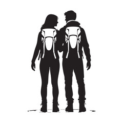 Couple Outdoors Vector Silhouette, Group of Hiking man Silhouettes. hiker with backpack and rucksacks silhouette.