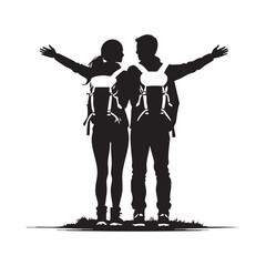Couple Outdoors Vector Silhouette, Group of Hiking man Silhouettes. hiker with backpack and rucksacks silhouette.