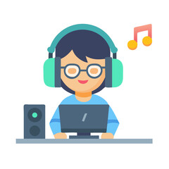 Person working with laptop and listening to music