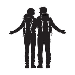 Couple Outdoors Vector Silhouette, Group of Hiking man Silhouettes. hiker with backpack and rucksacks silhouette.