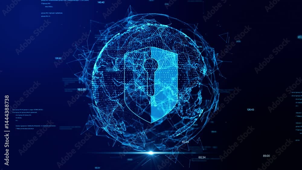Poster global network and shield concept. cloud computing security big data. dot, number and text on blue b