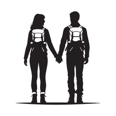 Couple Outdoors Vector Silhouette, Group of Hiking man Silhouettes. hiker with backpack and rucksacks silhouette.