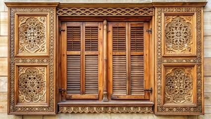 Obraz premium Decorative wooden shutters with ornate details and patterns on a window frame, window treatment, blinds