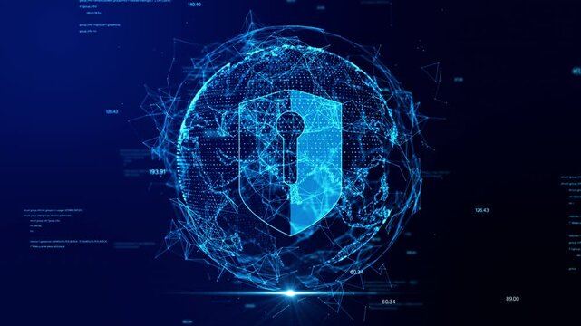 Global network and shield concept. Cloud computing security big data. Dot, number and text on blue background. Animation 4k. 3D rendering