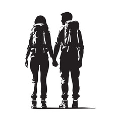 Couple Outdoors Vector Silhouette, Group of Hiking man Silhouettes. hiker with backpack and rucksacks silhouette.